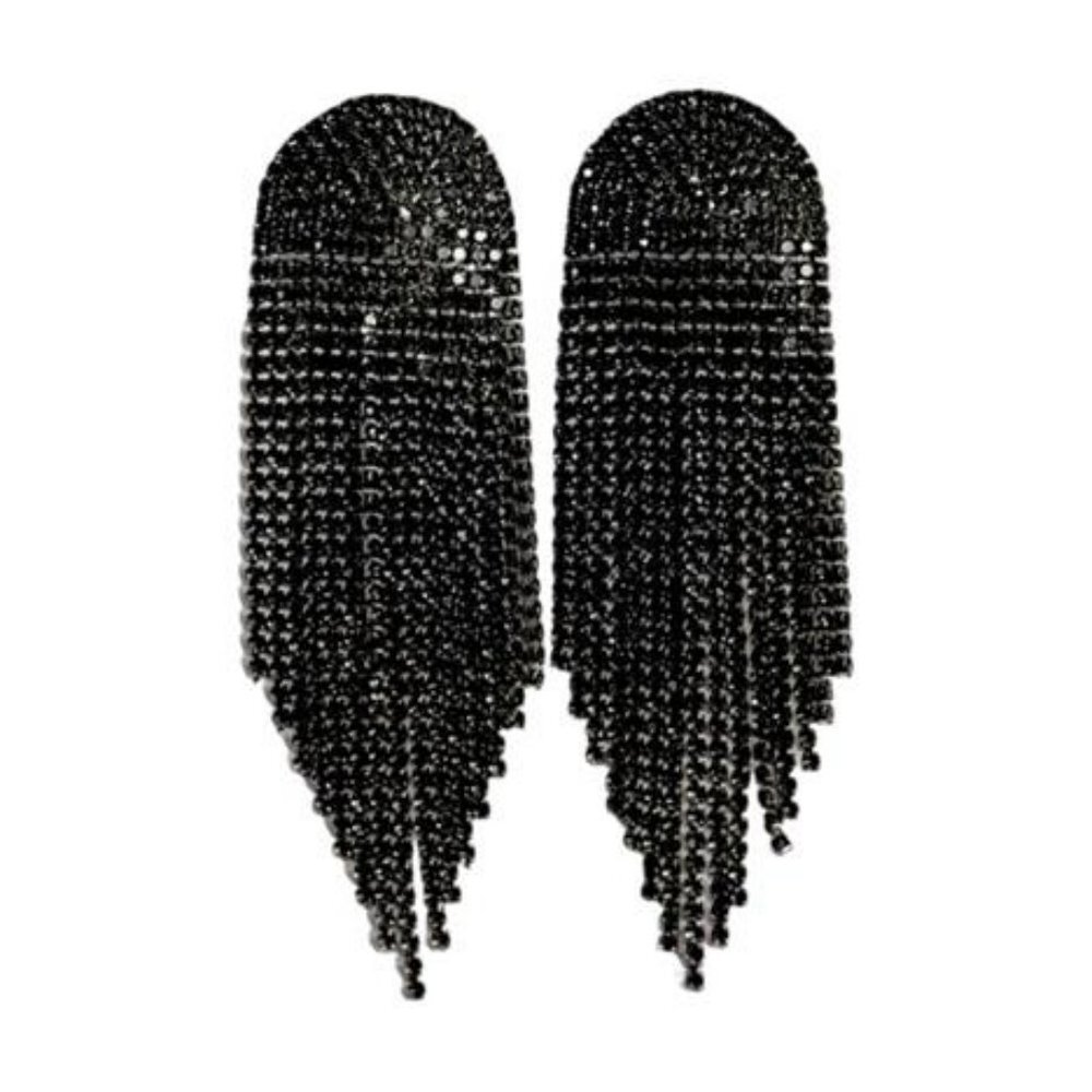 Black Crystal Rhinestone Earrings Dangle Drop Long Tassel Black Bridal Jewelry